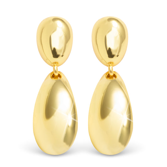 Gold puffed two tiered teardrop oval stud earrings