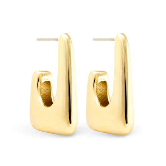 Half semi rectangle drop gold earrings, huggie back.