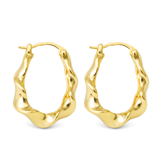 Twisted detailed oval gold hoops, latch back earrings.