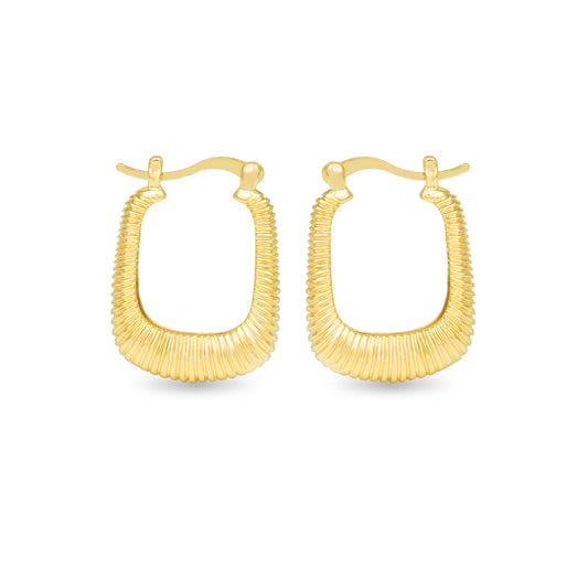 Square gold earrings with ribbed detailing, latch back.