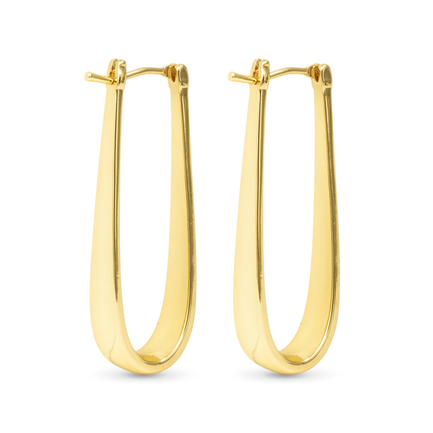 Long hoop gold earrings with a latch back. 