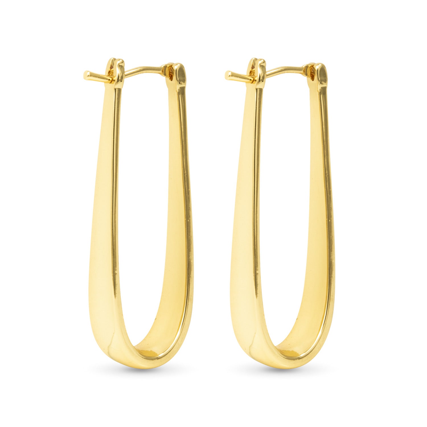 Long hoop gold earrings with a latch back. 