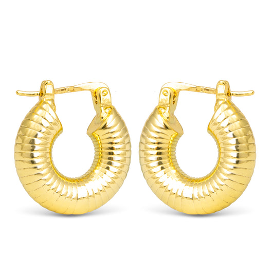 Puffy gold hoop earrings with ribbed detailing and a latch back.