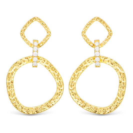 Two textured design gold hoops drop earrings linked by a cubic zirconia detail.