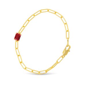 Gold Paperclip CZ Bracelet, 18K Gold Dipped, Lobster Clasp, Garnet/Red