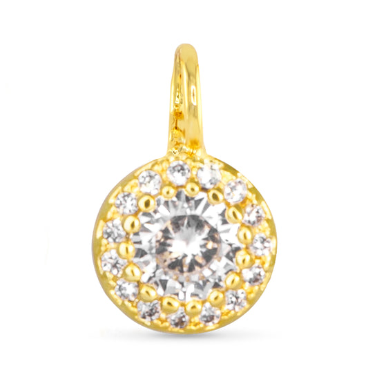 Gold with cubic zirconia detailing halo necklace charm.