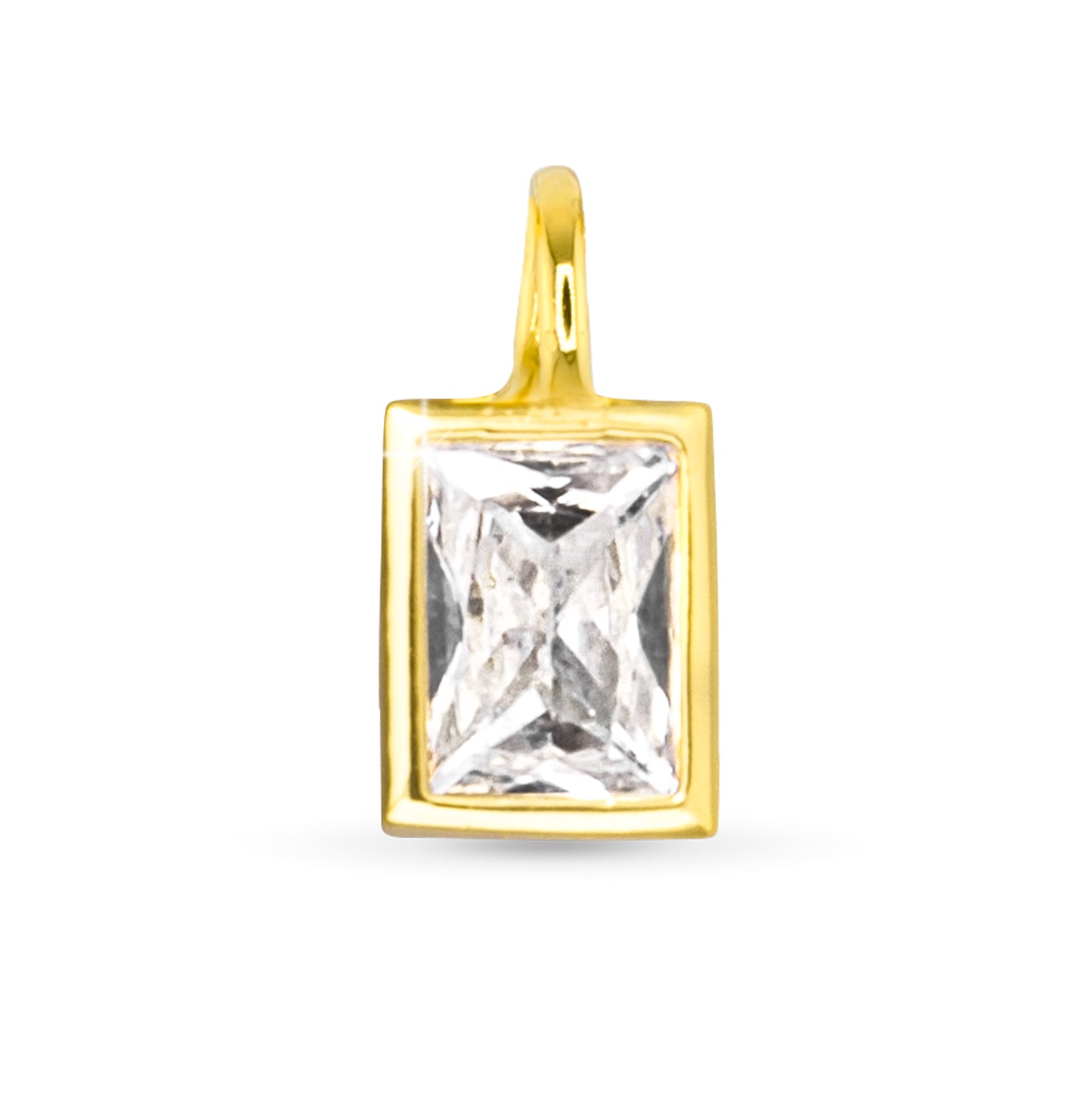 gold rectangular outline with clear cubic zirconia crystal in the middle necklace charm