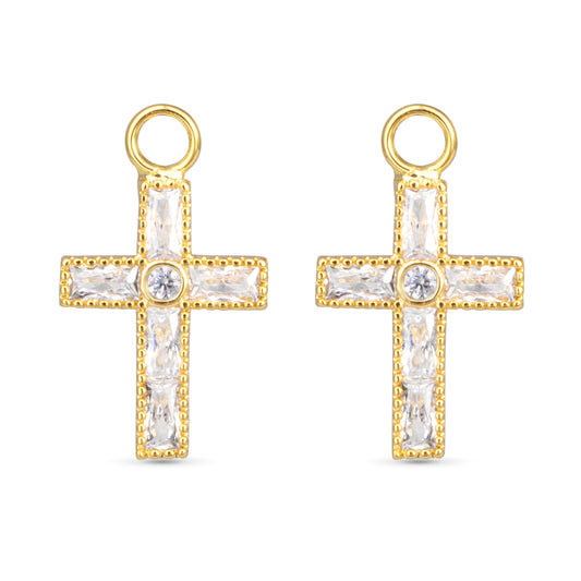 Clear cubic zirconia crystal cross with a gold outline earring charms.