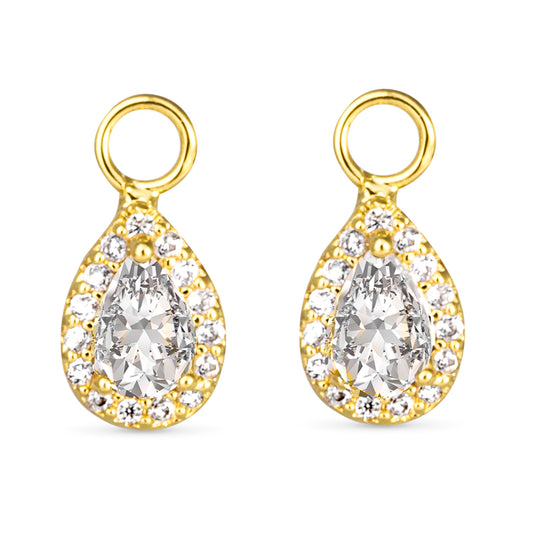 Pear shape earring charm with halo cubic zirconia design and a gold outline
