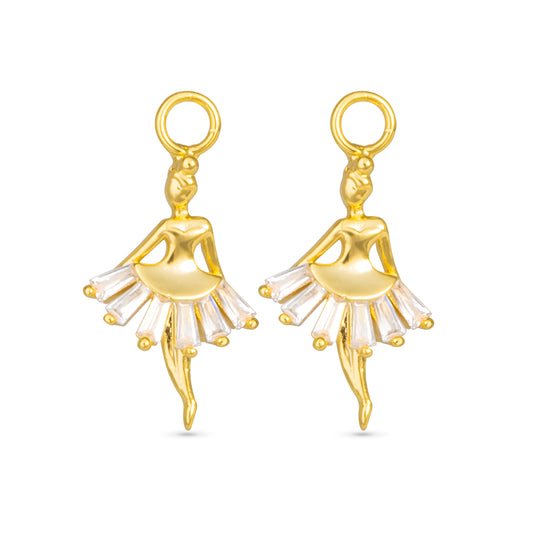 Ballerina shape gold earrings charm with clear cubic zirconia detail in the skirt.