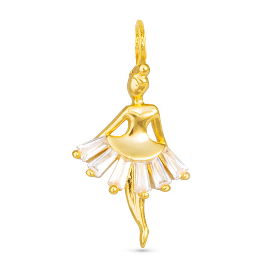 Ballerina shape gold necklace charm with clear cubic zirconia detail in the skirt.