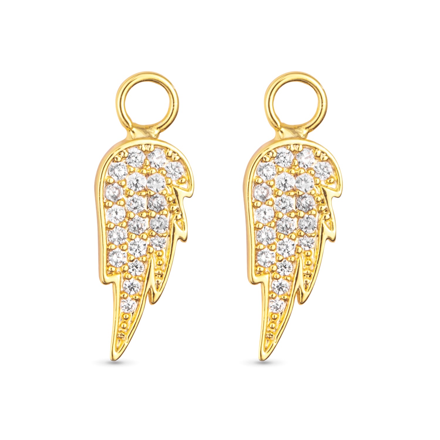 Angel wing shape earring charms with cubic zirconia detailing and gold outline. 