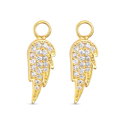 Angel wing shape earring charms with cubic zirconia detailing and gold outline.