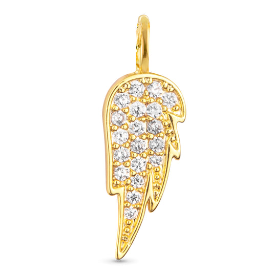 Angel wing shape necklace charms with cubic zirconia detailing and gold outline.