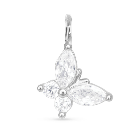 Silver necklace charm with a faux crystal butterfly