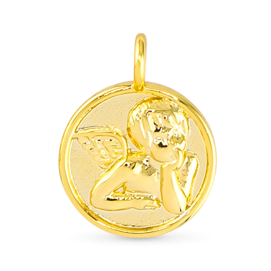 Gold circular necklace charm with angel on it