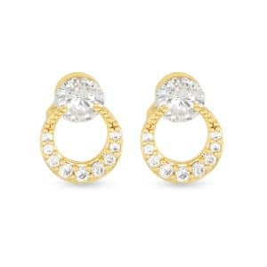 Gold CZ, Half Moon Earrings, Diamond Pendant At Top, Small Silver Crystals Along Hoop, 18K Gold Dipped, Cubic Zirconia