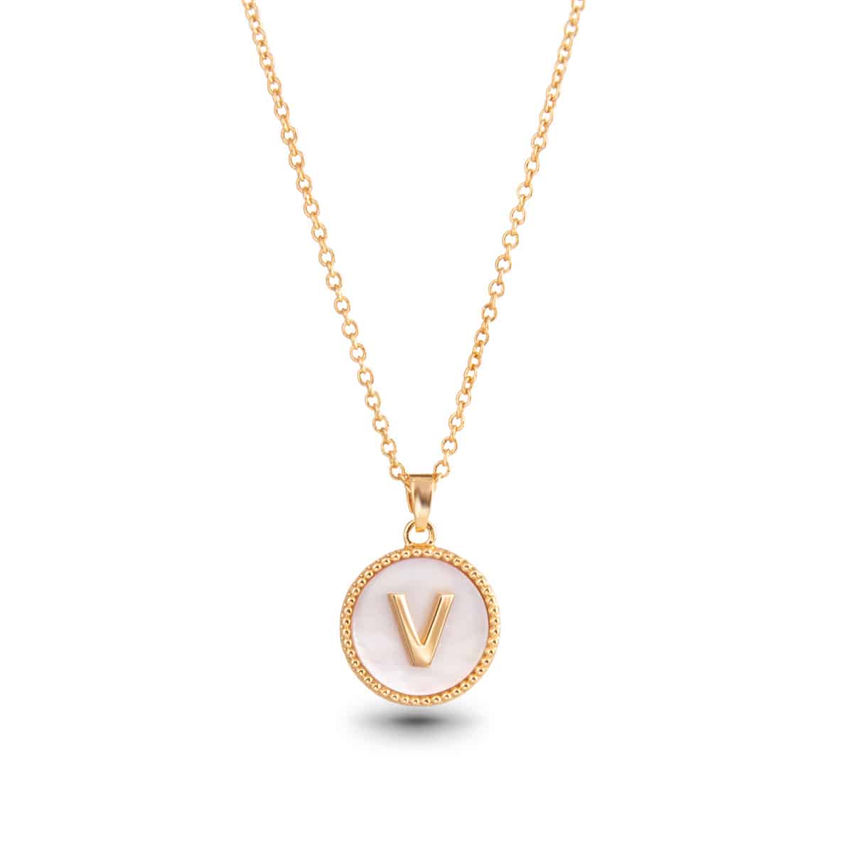 Gold Chain Necklace with Gold Mother of Pearl Initial "V" Pendant