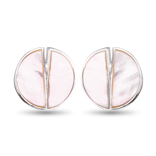 Silver stud earrings with double semi circles that have mother of pearl on each semi circle