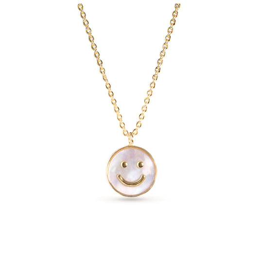 Mother of Pearl Smiley Face Necklace Gold