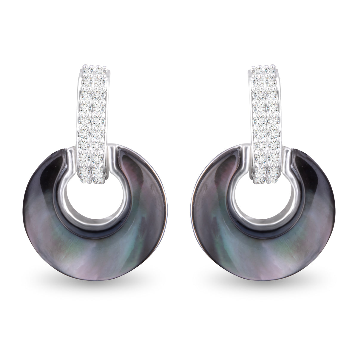 CZ And Open Circle Grey Mother Of Pearl Huggie Earrings Silver