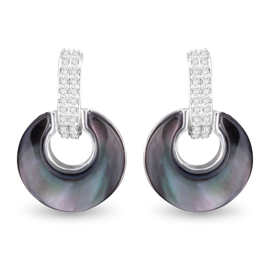 CZ And Open Circle Grey Mother Of Pearl Huggie Earrings Silver