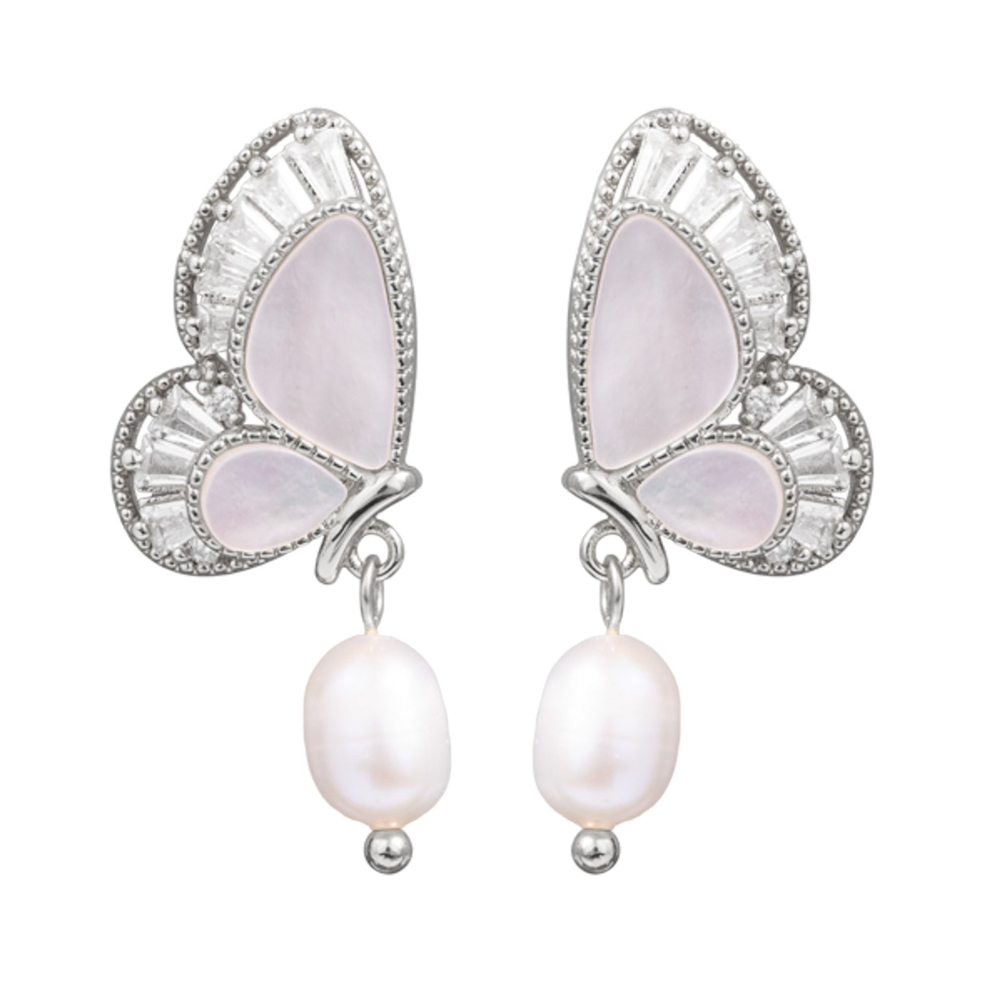 Fancy CZ Pearl MOP Butterfly Earrings Silver