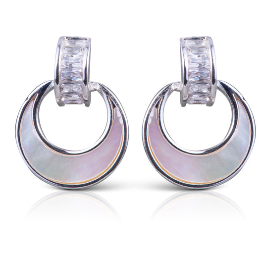 CZ/Mother Of Pearl Crescent Earrings Silver