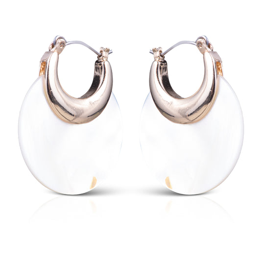 Gold hoop earrings with a circular mother of pearl pendant on the bottom of them