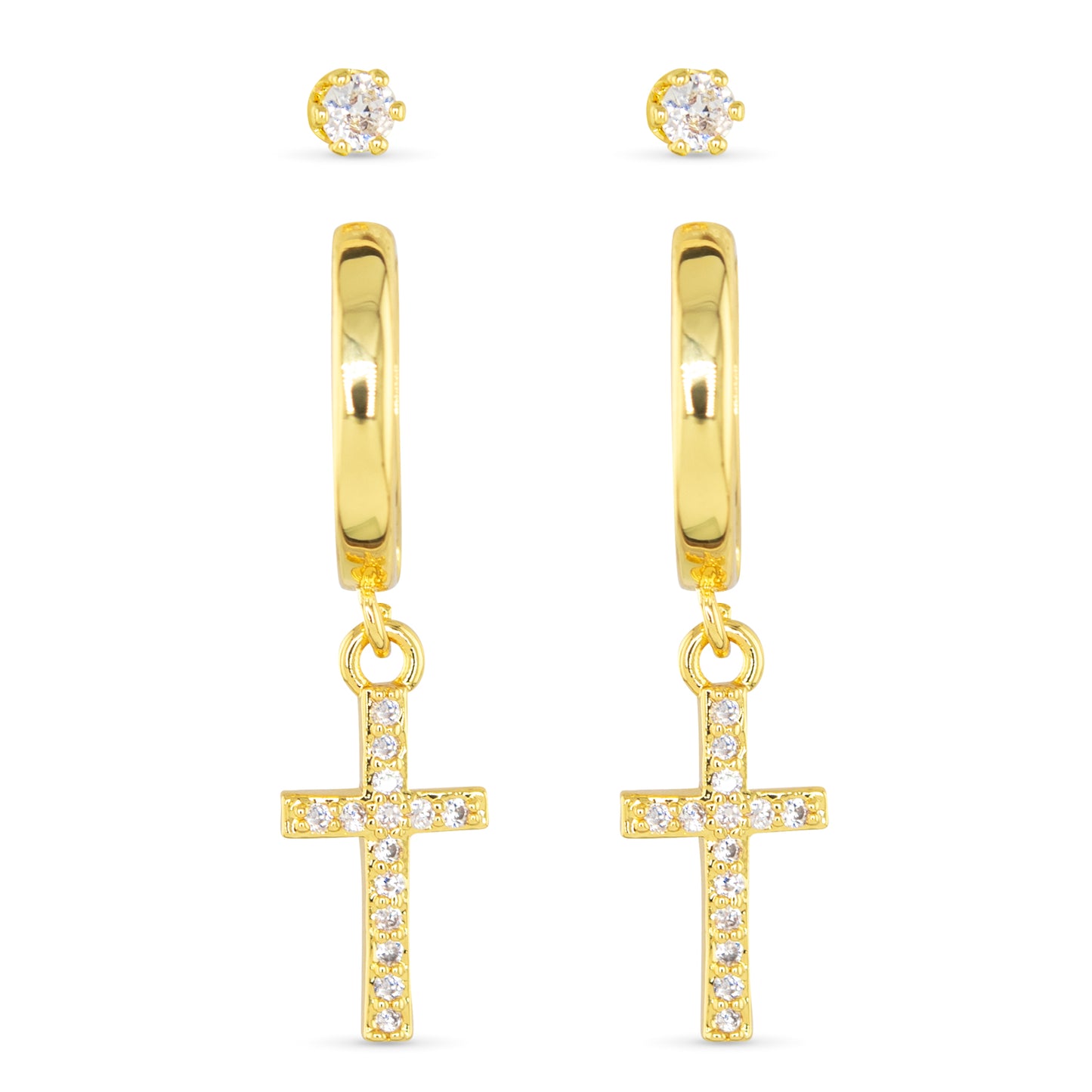 gold hoop with dangling rhinestone cross and stud earrings 