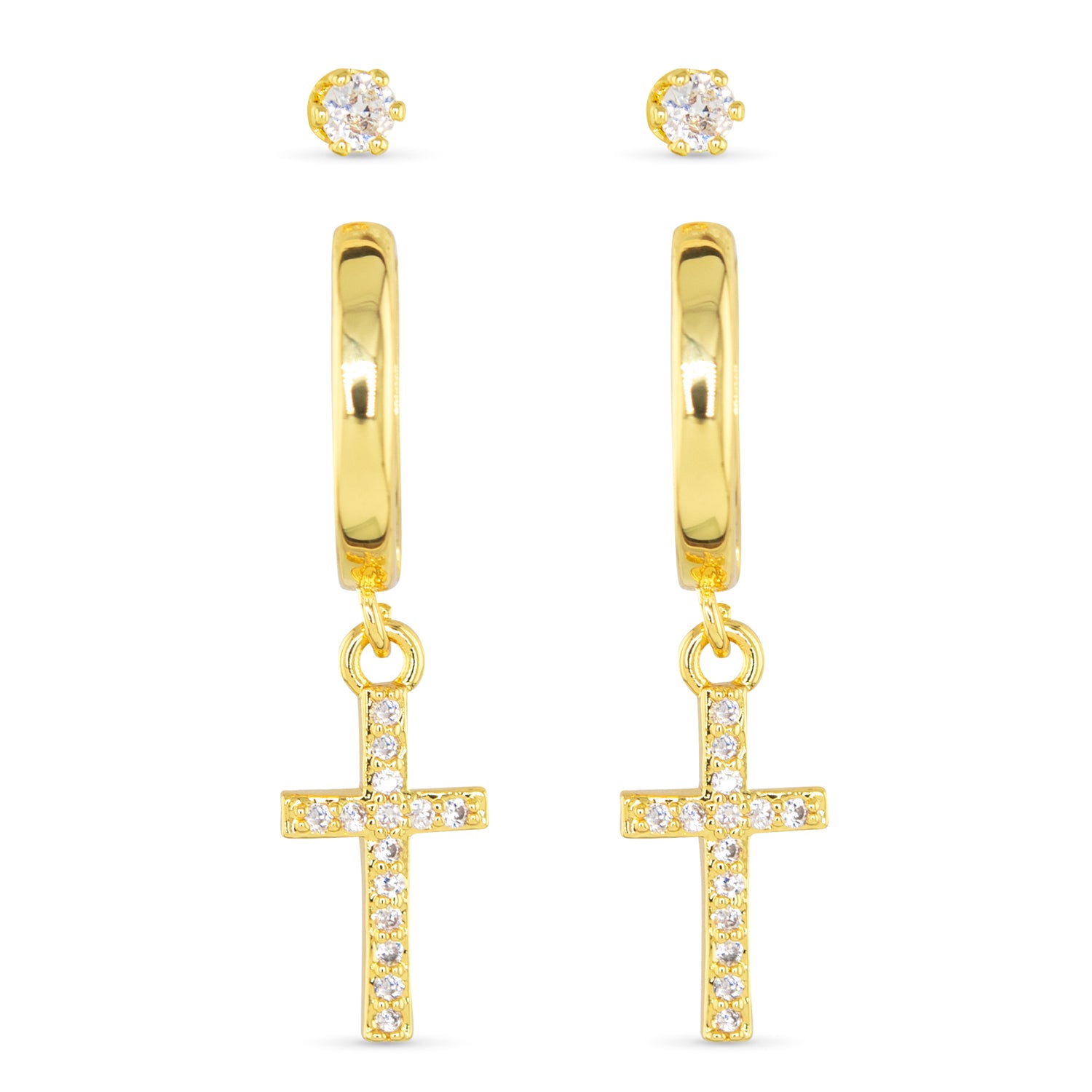 gold hoop with dangling rhinestone cross and stud earrings 