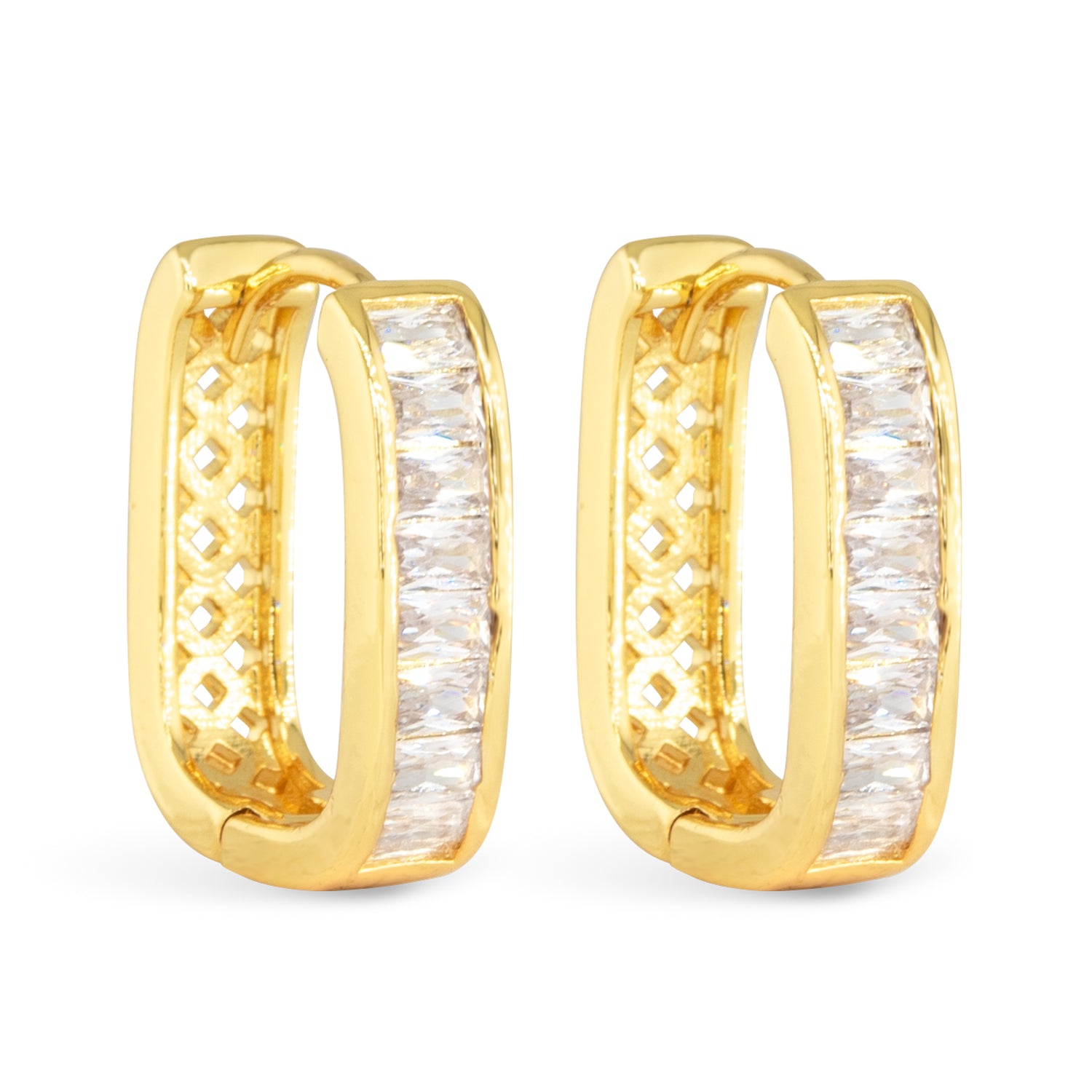 gold rectangular hoop earrings with rhinestone detail