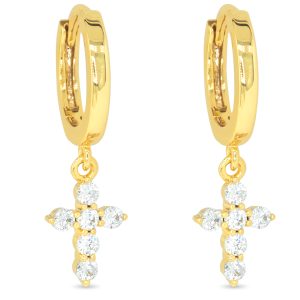 Gold CZ Mini Cross Hoop Earrings