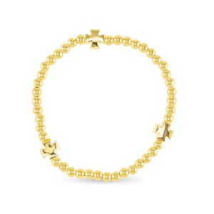 Gold beaded bracelet with three large crosses spaced throughout 