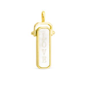 gold pendent with a white inlay, featuring the word love 