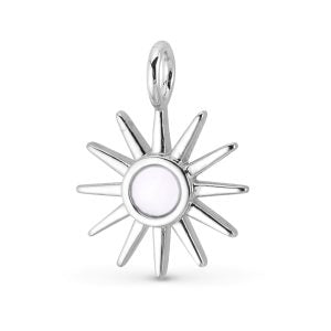 Necklace charm that has a silver sun with a mother of pearl center 
