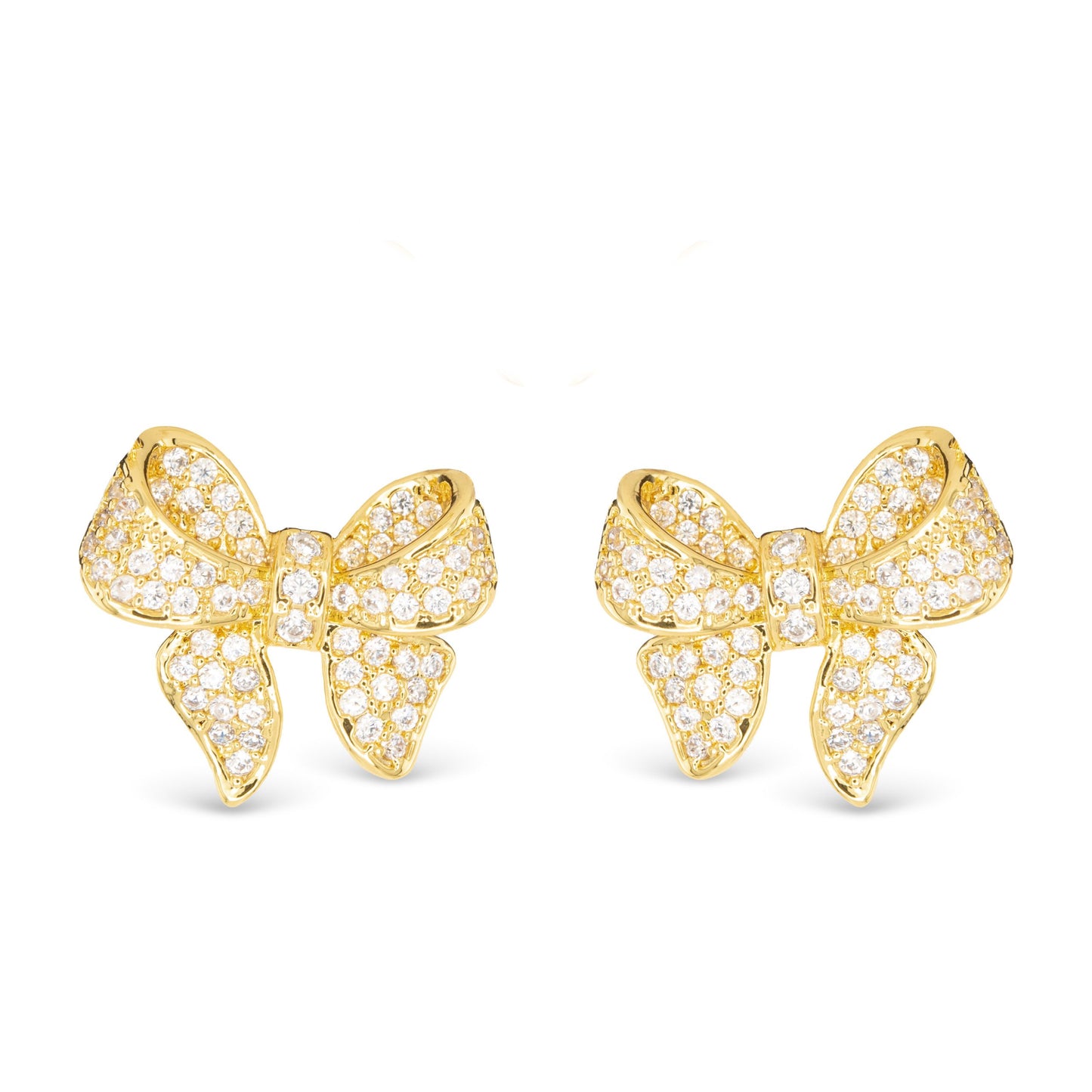 Dainty Gold Bow Stud Earrings with Small Engraved Crystals