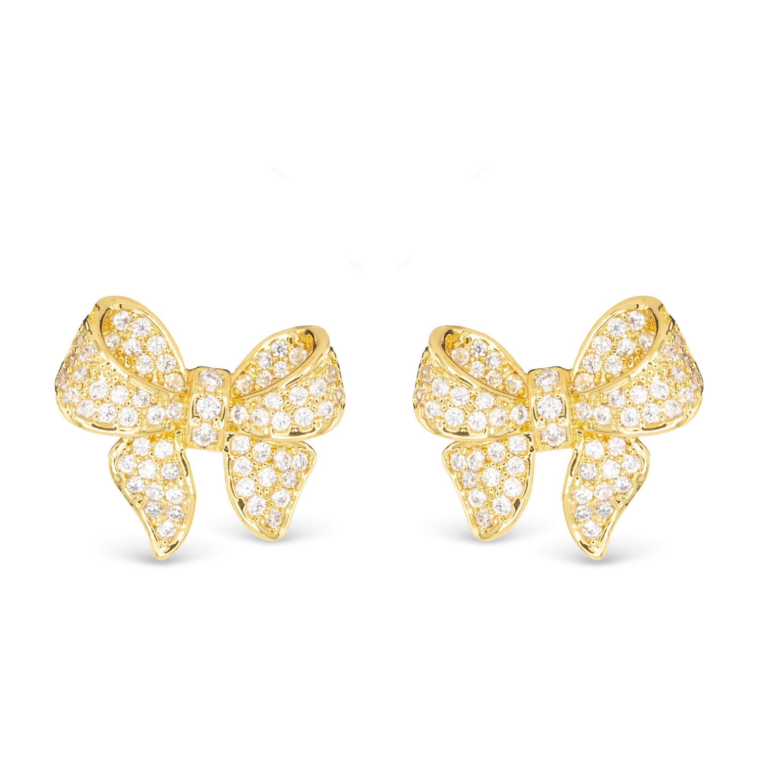 Dainty Gold Bow Stud Earrings with Small Engraved Crystals