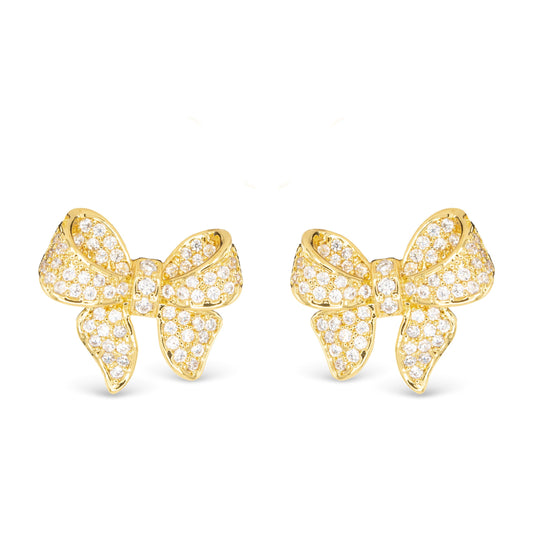 Dainty Gold Bow Stud Earrings with Small Engraved Crystals