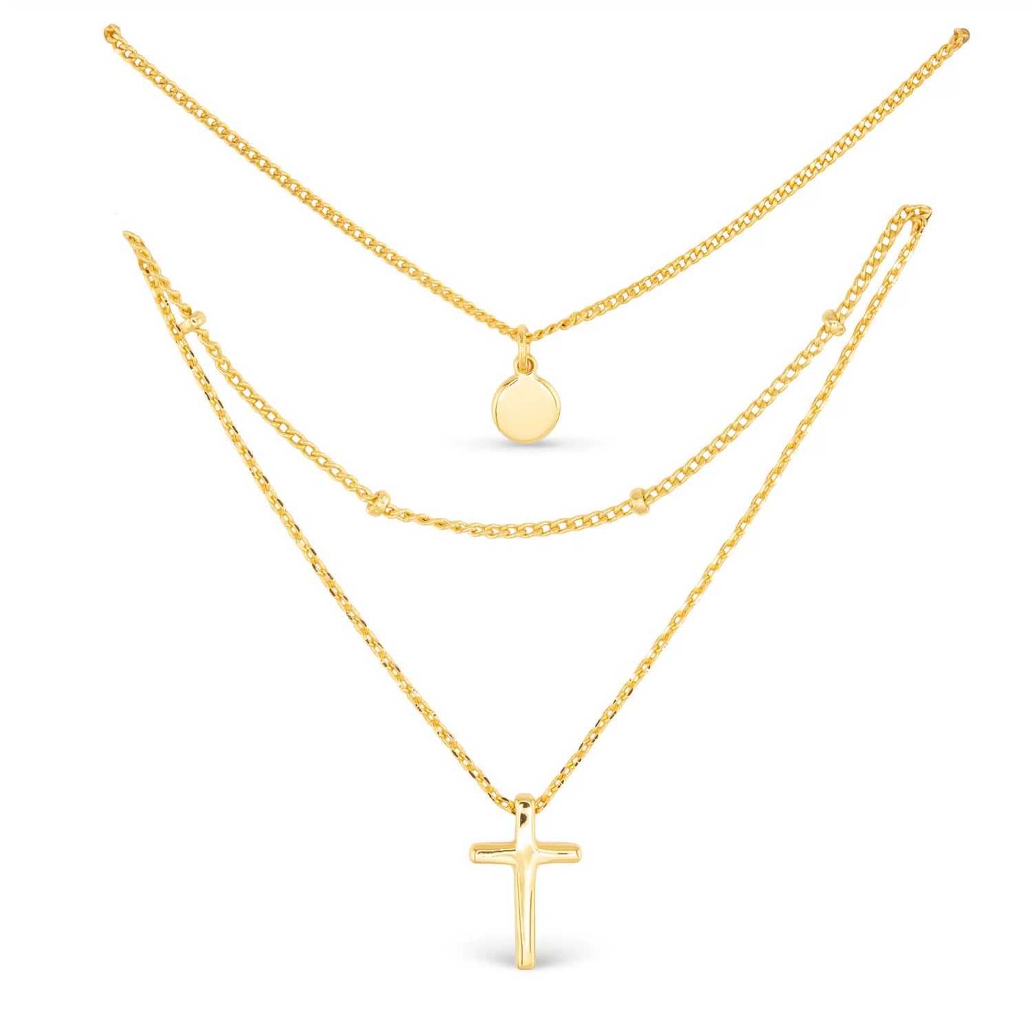 3 Layer Gold Necklace with Gold Circle Pendant and Gold Cross Pendant