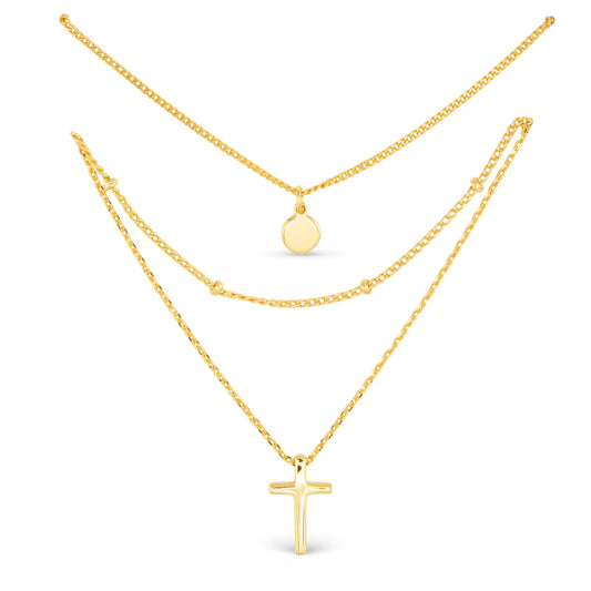 3 Layer Gold Necklace with Gold Circle Pendant and Gold Cross Pendant