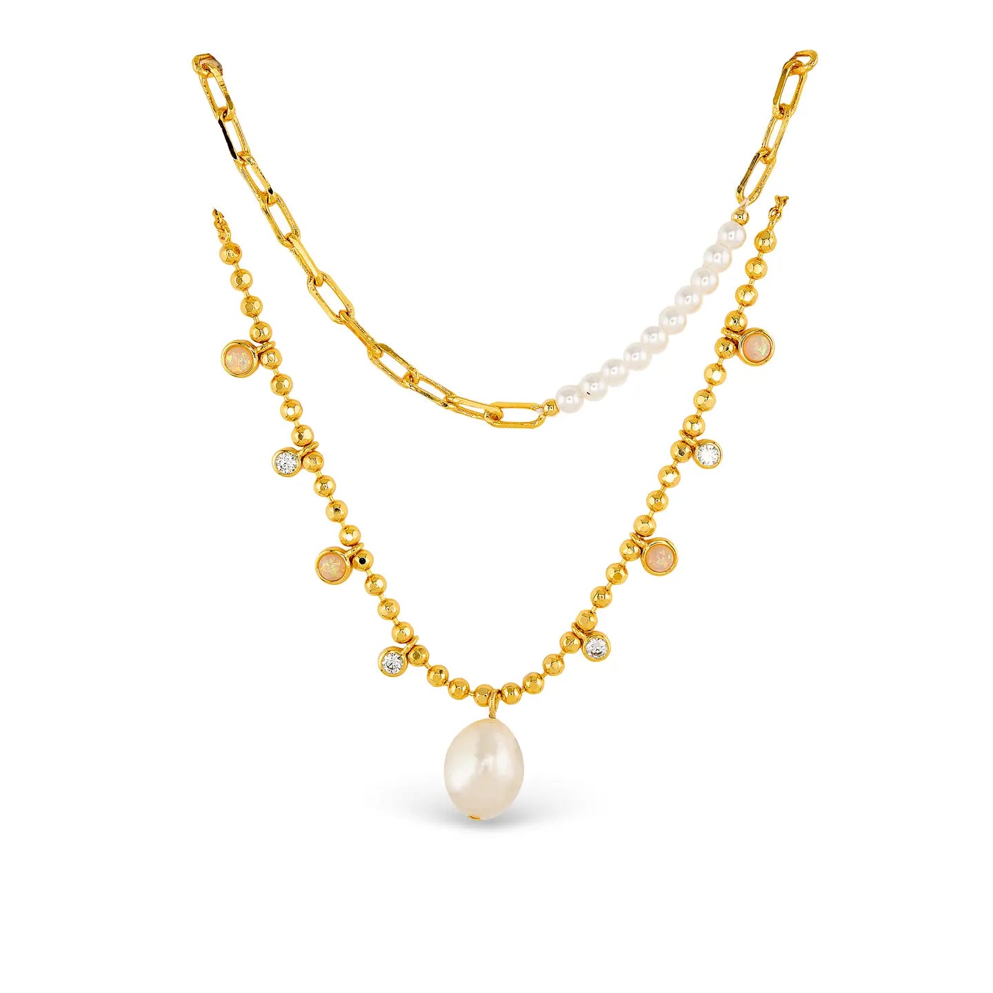 Layered Gold and Pearl Necklaces with Pearl Pendant and Chain Detailing