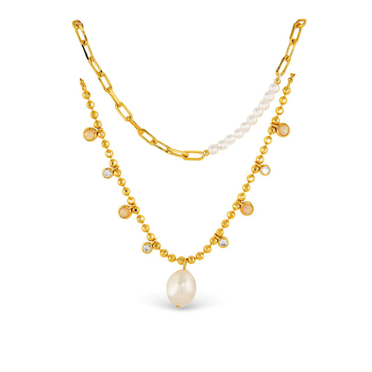 Layered Gold and Pearl Necklaces with Pearl Pendant and Chain Detailing