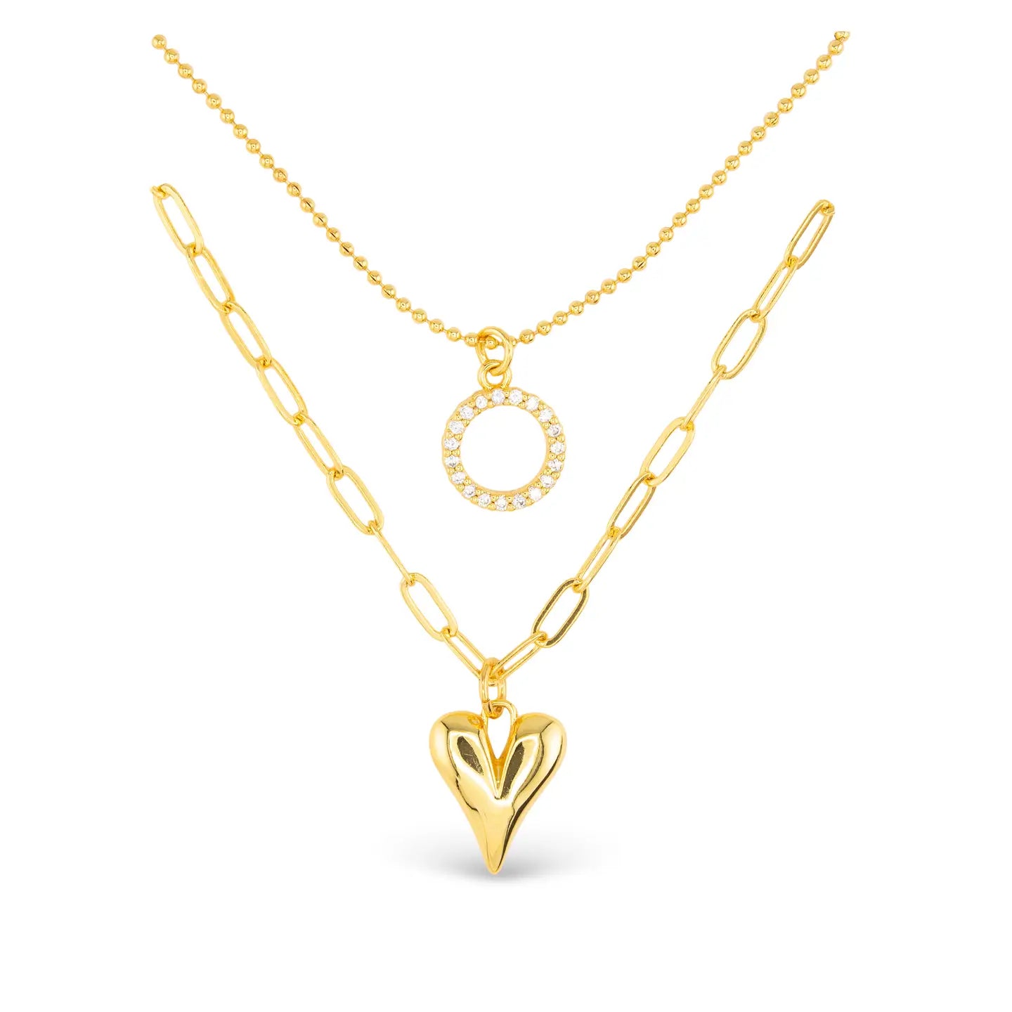 2 Piece Layered Necklace, one with Gold Circle Pendant and the other with Gold Heart Pendant