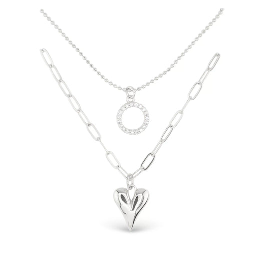 2 Piece Layered Silver Necklaces, one with Open Circle Crystal Pendant and the other with Silver Heart Pendant