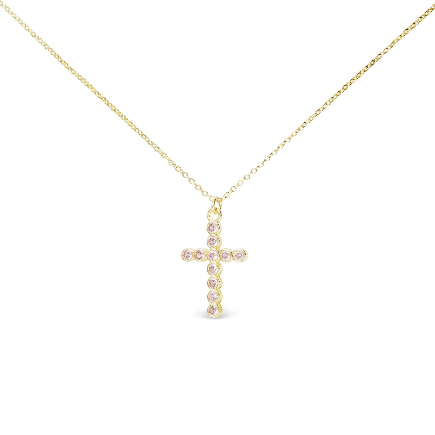 Gold Necklace with Gold Cross Pendant Engraved with Pink Crystals