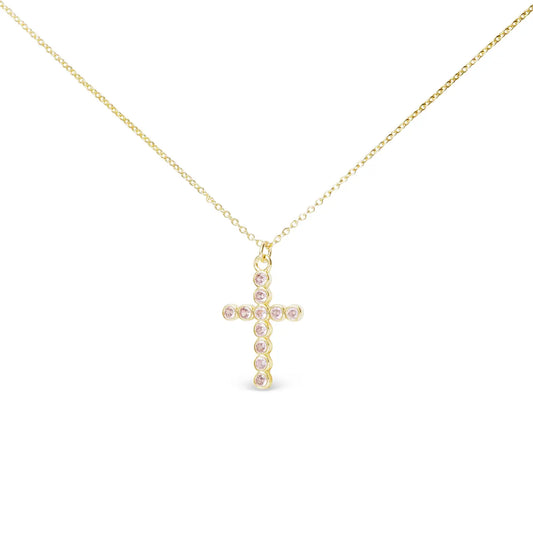 Gold Necklace with Gold Cross Pendant Engraved with Pink Crystals