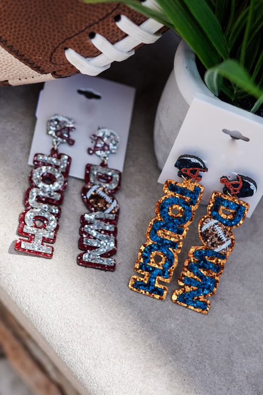 Friday Night Lights are upon us!! Whether you have a son or boyfriend on the field, or you're watching on the Big Screen TV in your living room, represent your team with the "Touch Down!" Football Earrings!!  "Touch Down!!" Football Earrings Crimson/White and Navy/Orange Stud Post Back. 