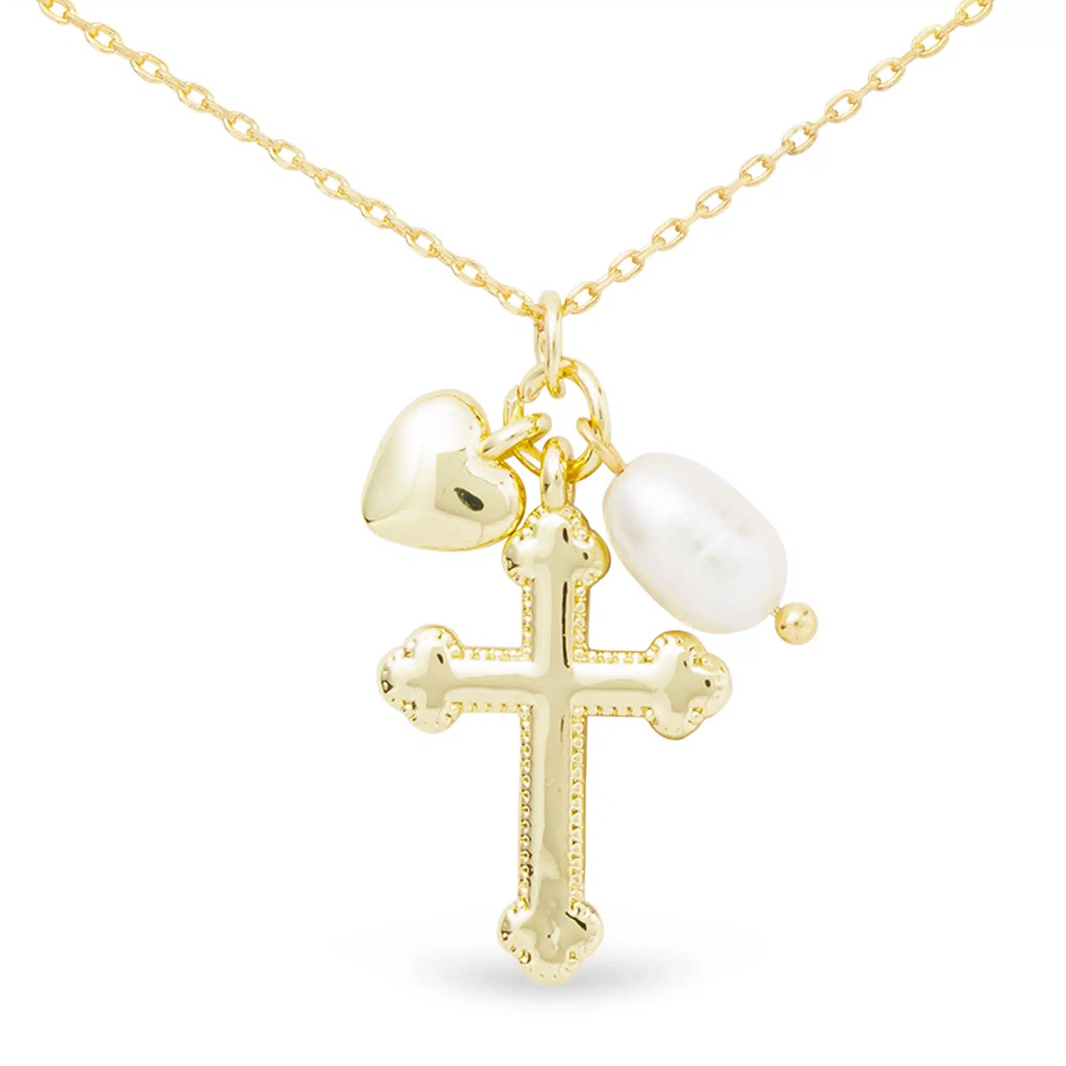Gold Necklace with Gold Cross Pendant, Small Pearl Pendant, and Mini Heart Pendant
