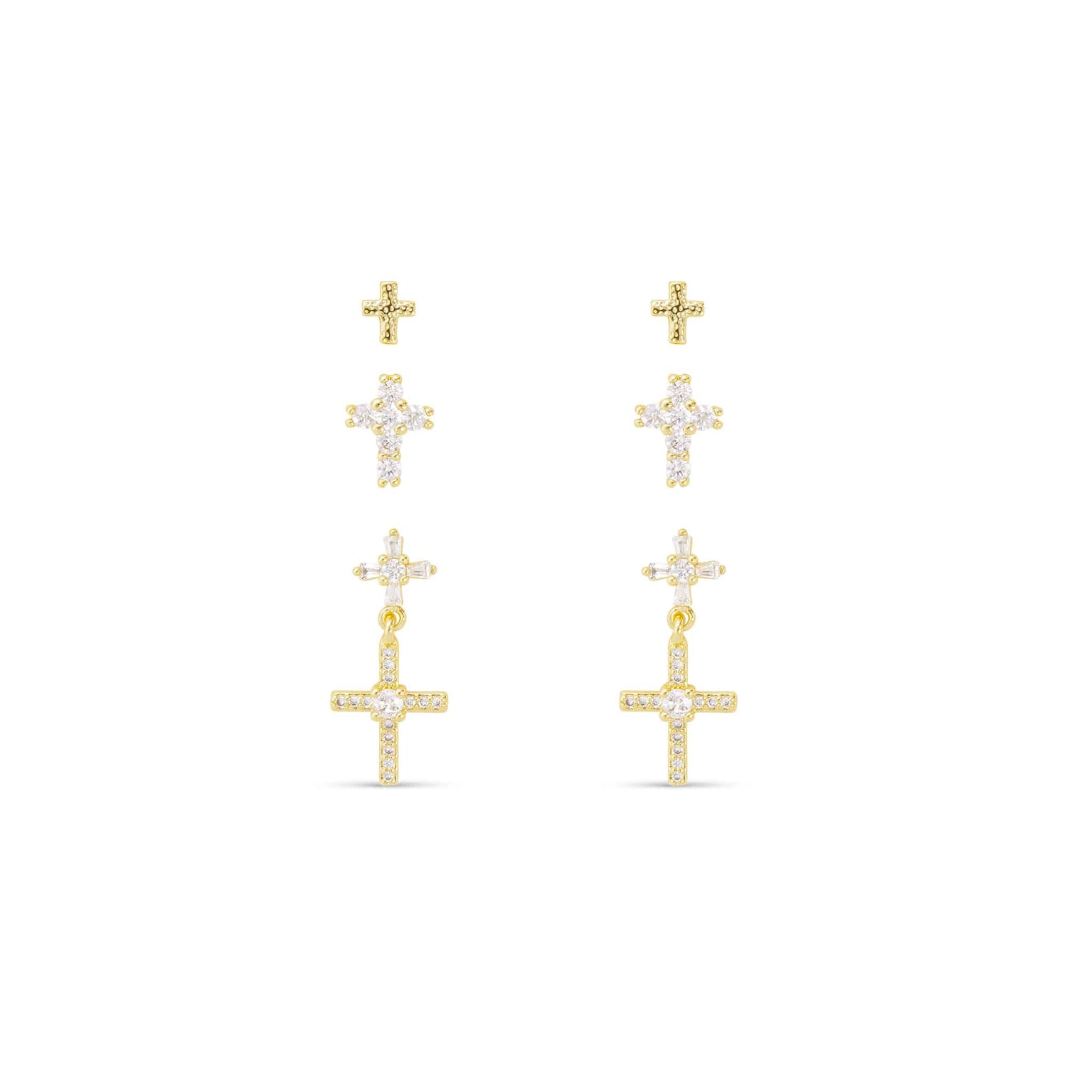 Trip of Gold Cross Earrings, Stud and Dangle
